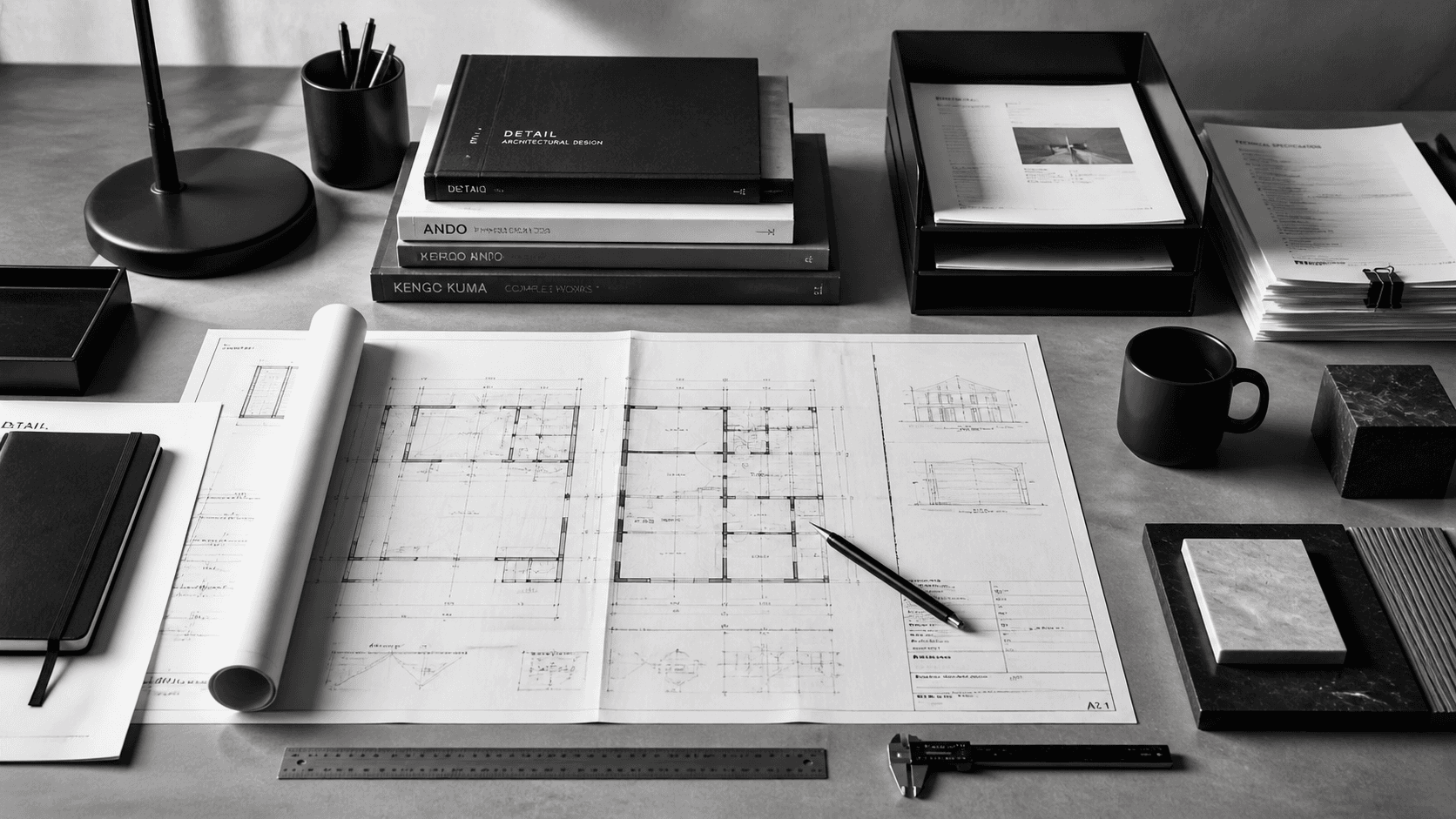 Structured desk with blueprints, technical documents, and measurement tools.