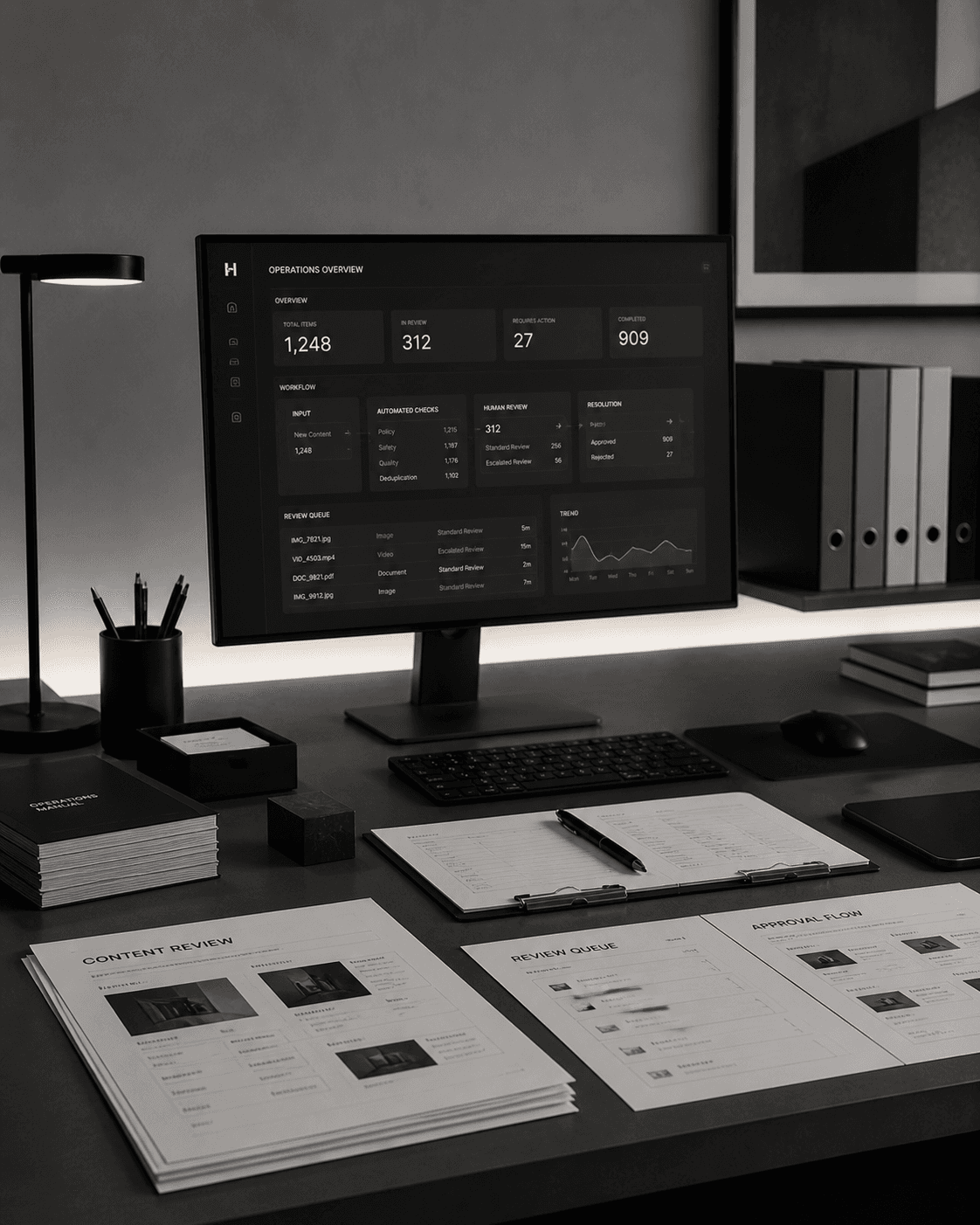 Operations review workspace with moderation workflow documents and a structured dashboard.