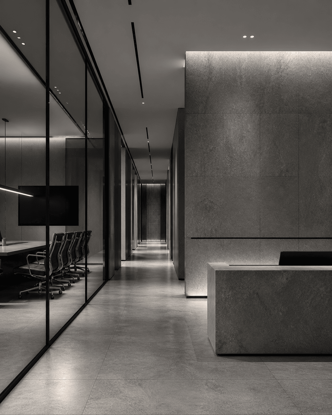 Quiet institutional interior with reception desk, corridor, and conference room.