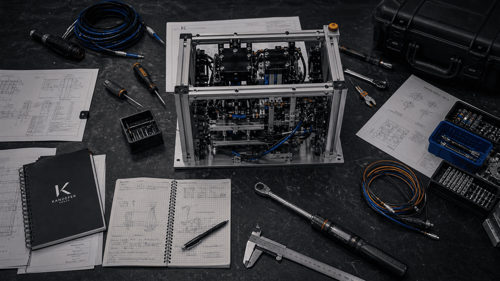 Automation module and technical planning materials on a workbench.