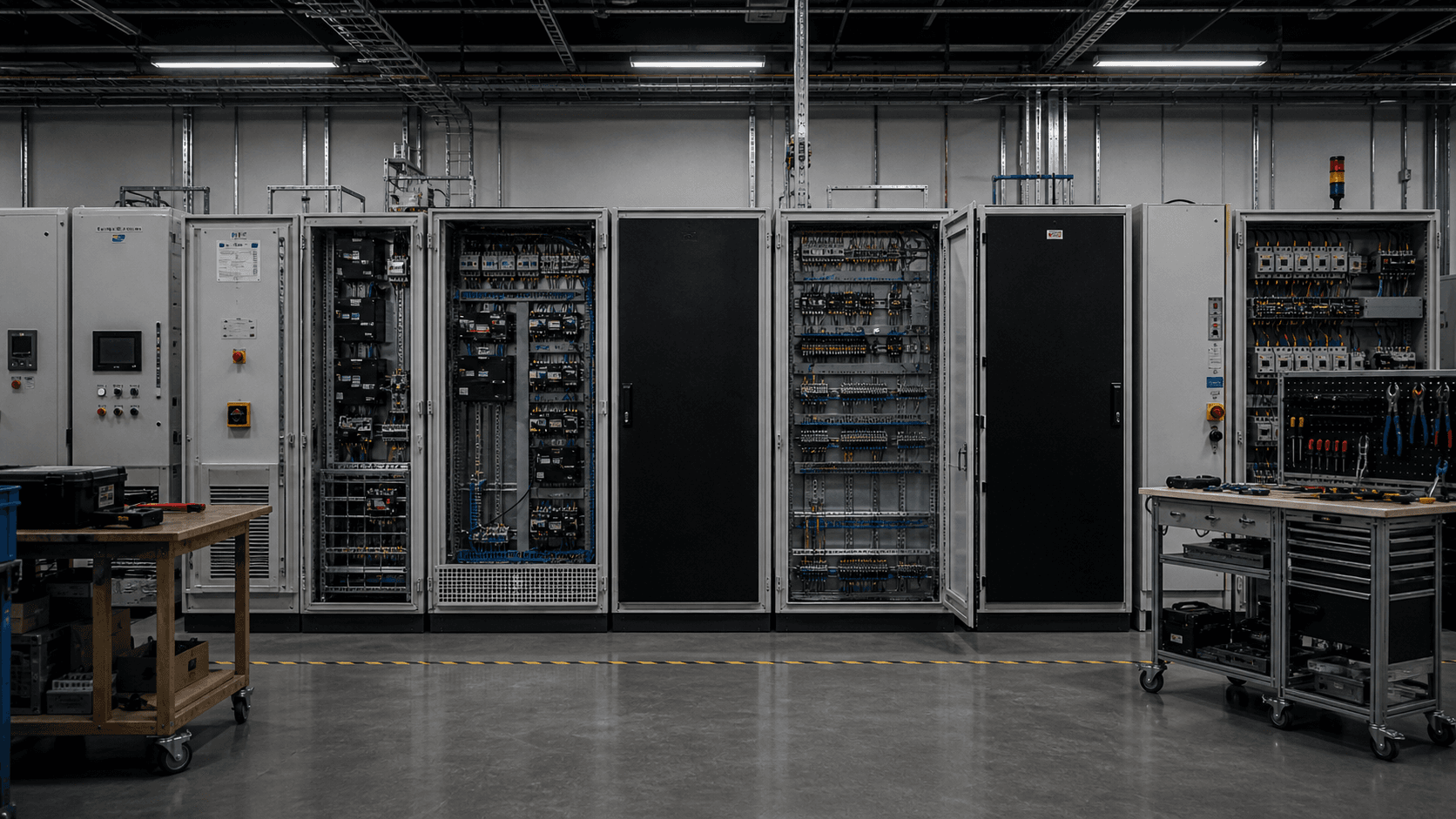 Front view of electrical control panels inside an operational facility.